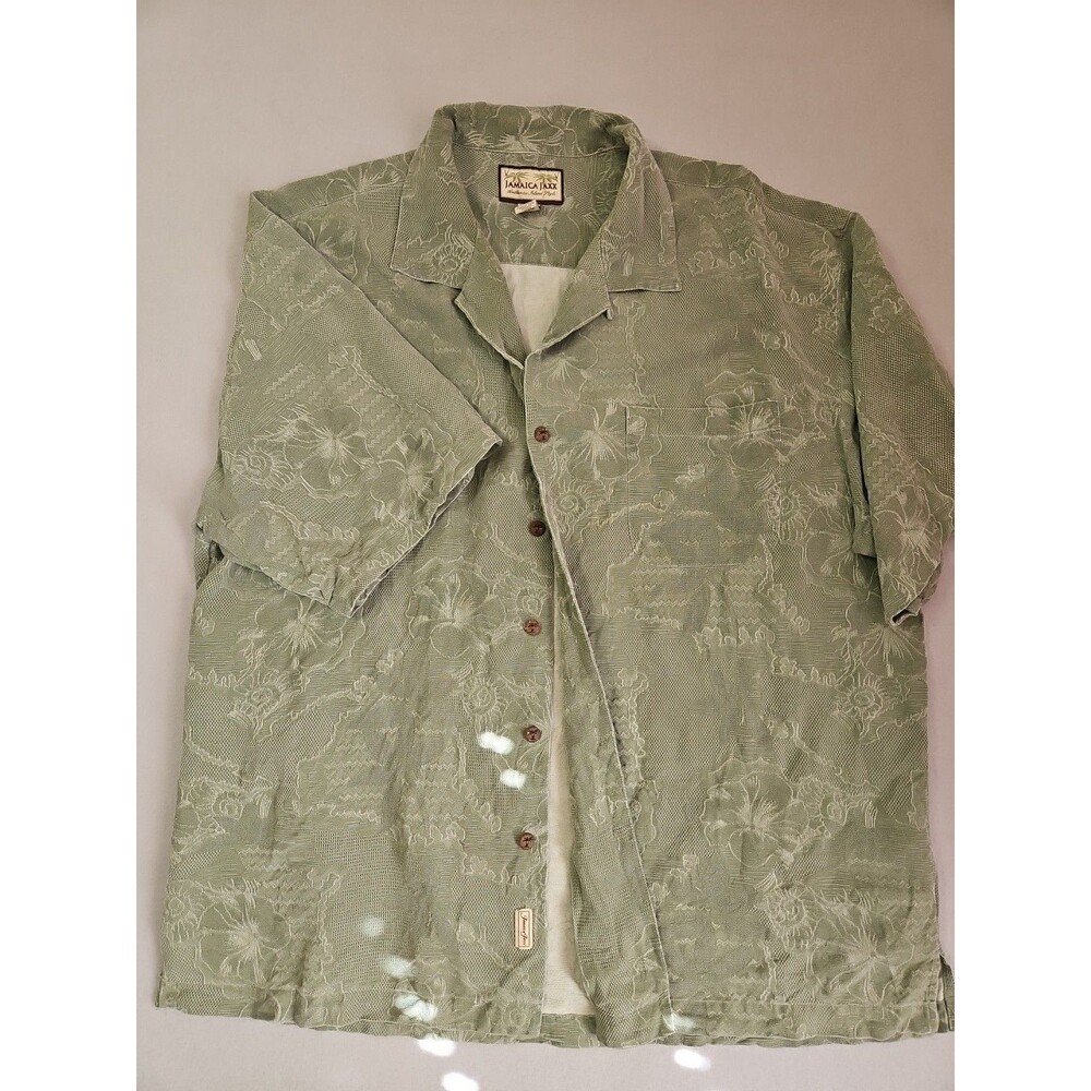 Jamaica Jaxx Hawaiian Shirt Mens 2XL Green 100% Silk Camp loop Collar floral
